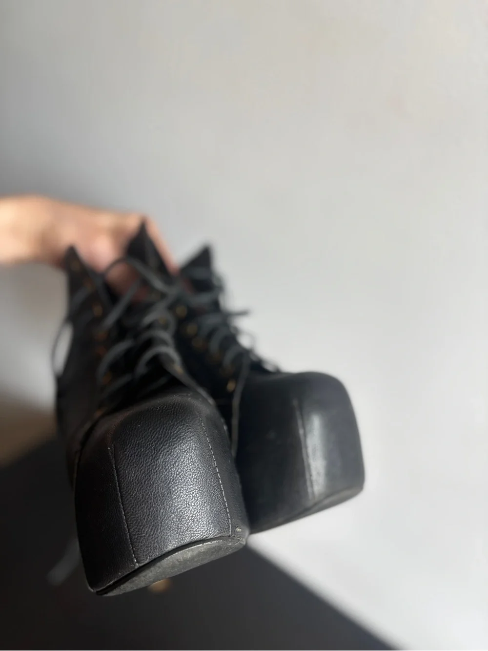 Jeffrey Campbell Lita Black Lace-Up Platform Ankle Boots with Wood-Tone Heel